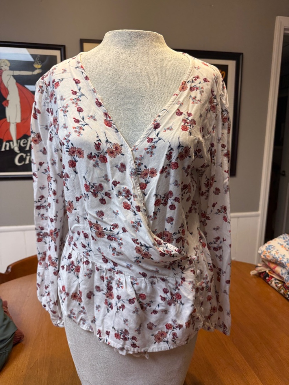 Japan Floral Wrap Peplum Blouse - White with Rose Print